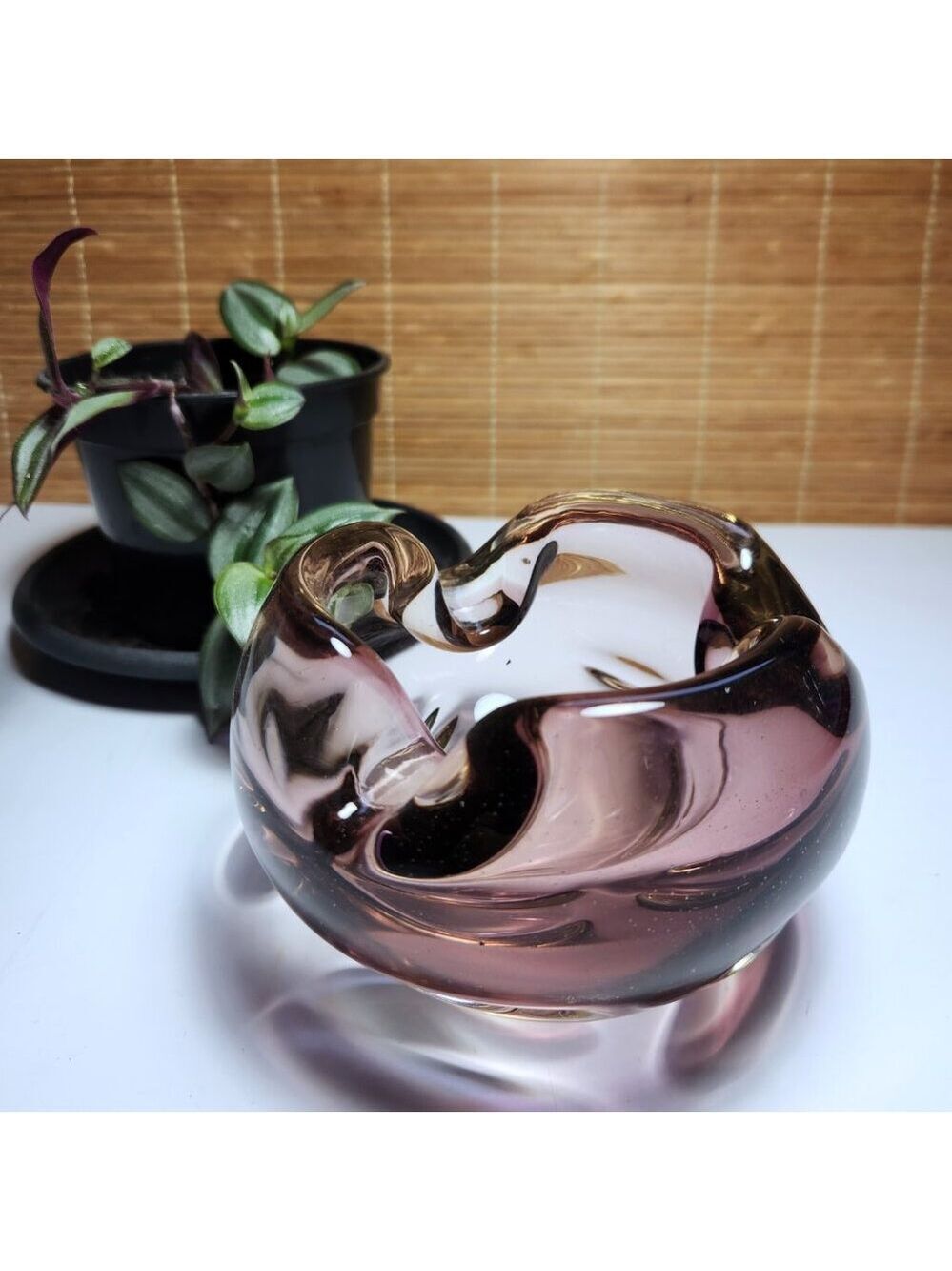 Vintage Murano Art Glass Ashtray • Amethyst - Amber Mid Century Sculptural Bowl